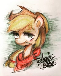 Size: 1600x2000 | Tagged: safe, artist:meowmeows, applejack, earth pony, pony, g4, bust, colored pencil drawing, female, mare, smiling, solo, traditional art
