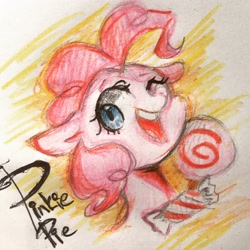 Size: 2000x2000 | Tagged: safe, artist:meowmeows, earth pony, pony, candy, food, lollipop, one eye closed, open mouth, open smile, pencil drawing, smiling, solo, traditional art, wink