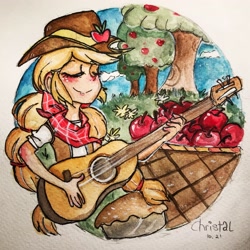 Size: 2773x2773 | Tagged: safe, artist:meowmeows, applejack, human, apple, apple basket, basket, blue sky, day, eyes closed, female, food, grass, guitar, humanized, musical instrument, playing guitar, smiling, solo, tree