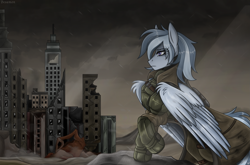 Size: 2533x1670 | Tagged: safe, artist:besamon, oc, oc only, pegasus, pony, fallout equestria, armor, ash, city, clothes, coat, detailed background, female, gift art, mare, mountain, ncr, rain, ruins, shading, solo, standing, wasteland, wings