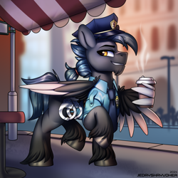 Size: 3000x3000 | Tagged: safe, artist:jedayskayvoker, oc, oc:shrapnel (gearslavehorse), pegasus, pony, blurry background, chin fluff, clothes, cocky, coffee, coffee cup, cup, facial hair, facial markings, folded wings, grin, looking back, male, necktie, pegasus oc, police, police officer, police pony, police uniform, ponytail, scar, smiling, solo, stallion, thick eyebrows, unshorn fetlocks, wing hands, wing hold, wings