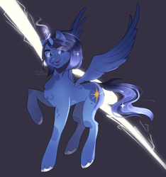 Size: 3180x3400 | Tagged: source needed, safe, artist:isvoart, oc, oc:blue thunder, alicorn, pony, alicorn oc, concave belly, horn, lightning, male, raised hoof, slender, solo, spread wings, stallion, thin, wings