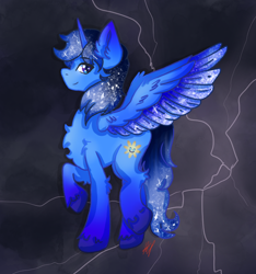 Size: 688x736 | Tagged: artist needed, source needed, safe, oc, oc:blue thunder, alicorn, pony, alicorn oc, horn, lightning, male, signature, smiling, solo, stallion, thunderstorm, wings