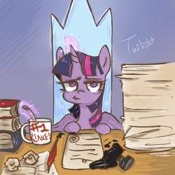 Size: 1200x1200 | Tagged: safe, artist:meowmeows, twilight sparkle, alicorn, cup, inkwell, mug, oil, paper, quill, sitting, solo, twilight sparkle (alicorn), twilight sparkle is not amused, unamused
