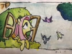 Size: 2668x2000 | Tagged: safe, artist:meowmeows, fluttershy, bird, pegasus, pony, g4, female, mare, smiling, teeth, traditional art