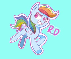 Size: 2219x1836 | Tagged: safe, artist:meowmeows, rainbow dash, pegasus, pony, g4, blue background, cyan background, female, grin, mare, outline, simple background, smiling, solo, white outline