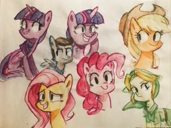 Size: 2667x2000 | Tagged: safe, artist:meowmeows, applejack, fluttershy, pinkie pie, twilight sparkle, alicorn, earth pony, pegasus, pony, g4, character request, grin, link, smiling, the legend of zelda, traditional art, twilight sparkle (alicorn)