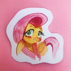 Size: 3024x3024 | Tagged: safe, artist:meowmeows, fluttershy, pegasus, pony, g4, cute, female, grin, mare, shyabetes, smiling, solo, teeth, traditional art, watercolor painting
