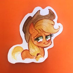 Size: 2820x2821 | Tagged: safe, artist:meowmeows, applejack, earth pony, pony, g4, cute, female, gradient background, jackabetes, mare, smiling, solo, traditional art, watercolor painting