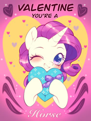 Size: 700x937 | Tagged: safe, artist:cabbage-arts, rarity, pony, unicorn, blushing, chocolate, food, holiday, one eye closed, present, smiling, solo, valentine you're a horse, valentine's day, valentine's day card, wink