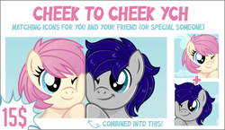 Size: 1128x654 | Tagged: safe, artist:jennieoo, oc, oc:gentle star, oc:maverick, earth pony, pegasus, pony, cheek squish, cheek to cheek, cloud, commission, matching icons, show accurate, simple background, sky, solo, squishy cheeks, ych example, your character here