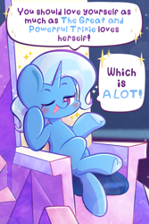 Size: 1200x1800 | Tagged: safe, artist:typhwosion, trixie, pony, unicorn, g4, blushing, female, friendship throne, looking at you, mare, narcissism, one eye closed, open mouth, positive ponies, solo, text, third person, wink, winking at you