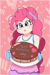 Size: 720x1071 | Tagged: safe, artist:leo19969525, pinkie pie, human, equestria girls, g4, :o, abstract background, cake, clothes, cute, diapinkes, female, food, happy valentines day, heart, holiday, human coloration, humanized, looking at you, open mouth, oven mitts, solo, tank top, valentine's day
