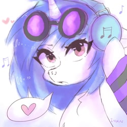 Size: 1114x1114 | Tagged: safe, artist:inxinfate, dj pon-3, vinyl scratch, pony, unicorn, g4, arm warmers, bust, clothes, female, glasses, headphones, heart, looking at you, mare, music notes, nose piercing, open mouth, piercing, septum piercing, signature, simple background, solo, speech bubble, vinyl's glasses, white background