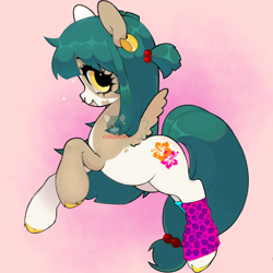 Size: 9000x9000 | Tagged: safe, artist:iorismlp, oc, oc:jade crest, pegasus, clothes, colored hooves, cute, ear piercing, eyelashes, flower, gold hooves, golden eyes, green hair, hibiscus, hooves, leg warmers, leopard print, long hair, long mane, long tail, lying down, nose piercing, on side, piercing, pigtails, spotted, tail, yellow eyes