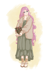 Size: 1640x2360 | Tagged: safe, artist:labrony12, fluttershy, human, g4, alternate hairstyle, blushing, cardigan, clothes, coat, cute, dress, female, flower, humanized, jewelry, necklace, plant, shoes, shyabetes, skirt, socks, solo