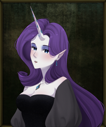 Size: 2426x2919 | Tagged: safe, artist:rtcat, rarity, human, alternate hairstyle, blushing, breasts, clothes, dress, ear piercing, earring, elf ears, eyeshadow, female, horn, horned humanization, humanized, jewelry, makeup, necklace, open mouth, piercing, pony coloring, solo
