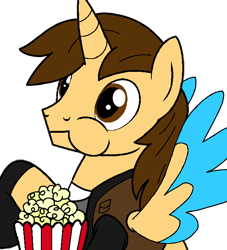 Size: 600x661 | Tagged: safe, artist:noi kincade, oc, oc only, oc:ej, alicorn, pony, g4, eating, food, herbivore, male, popcorn, simple background, solo, transparent background
