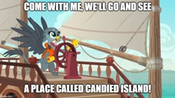 Size: 888x499 | Tagged: safe, edit, edited screencap, screencap, gabby, g4, the fault in our cutie marks, boat, caption, gabby's shanty, image macro, imgflip, lifejacket, solo, text, the marvelous misadventures of flapjack