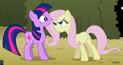 Size: 1052x562 | Tagged: safe, screencap, fluttershy, twilight sparkle, earth pony, pony, g4, season 2, the return of harmony, cropped, discorded, duo, duo female, earth pony fluttershy, earth pony twilight, female, flutterbitch, fluttercruel, glare, looking at each other, looking at someone, mare, missing horn, missing wing, race swap, scared