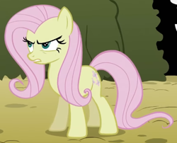 Size: 590x476 | Tagged: safe, screencap, fluttershy, earth pony, pony, g4, season 2, the return of harmony, annoyed, cropped, discorded, earth pony fluttershy, female, flutterbitch, fluttercruel, glare, looking at someone, mare, missing wing, offscreen character, race swap, solo, standing