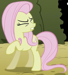 Size: 453x499 | Tagged: safe, screencap, fluttershy, earth pony, pony, g4, season 2, the return of harmony, cropped, discorded, earth pony fluttershy, eyes closed, female, flutterbitch, fluttercruel, mare, missing wing, race swap, raised hoof, solo, standing, turned head