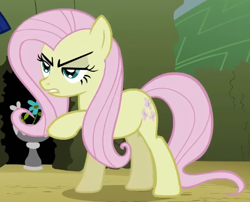 Size: 609x492 | Tagged: safe, screencap, fluttershy, earth pony, pony, g4, season 2, the return of harmony, annoyed, cropped, discorded, earth pony fluttershy, female, flutterbitch, fluttercruel, lidded eyes, looking at someone, mare, missing wing, offscreen character, race swap, raised hoof, solo, standing