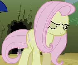 Size: 624x523 | Tagged: safe, screencap, fluttershy, earth pony, pony, g4, season 2, the return of harmony, cropped, discorded, earth pony fluttershy, eyes closed, female, flutterbitch, fluttercruel, imminent whipping, mare, missing wing, offscreen character, race swap, solo, walking