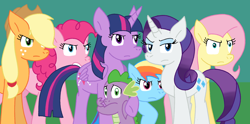 Size: 1700x842 | Tagged: safe, artist:cmara, applejack, fluttershy, pinkie pie, rainbow dash, rarity, spike, twilight sparkle, alicorn, dragon, earth pony, pegasus, pony, unicorn, g4, female, male, mane seven, mane six, protecting, ready to fight, twilight sparkle (alicorn)