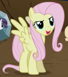 Size: 312x349 | Tagged: safe, screencap, fluttershy, pegasus, pony, g4, season 2, the return of harmony, cropped, discorded, female, flutterbitch, fluttercruel, looking at someone, mare, offscreen character, open mouth, open smile, smiling, solo focus, spread wings, standing, wings