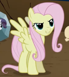 Size: 313x350 | Tagged: safe, screencap, fluttershy, pegasus, pony, g4, season 2, the return of harmony, cropped, discorded, evil smile, female, flutterbitch, fluttercruel, grin, looking at someone, mare, offscreen character, smiling, solo focus, spread wings, standing, wings