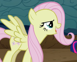 Size: 773x626 | Tagged: safe, screencap, fluttershy, pegasus, pony, g4, season 2, the return of harmony, cropped, discorded, female, flutterbitch, fluttercruel, looking at someone, mare, offscreen character, open mouth, open smile, smiling, solo, spread wings, wings