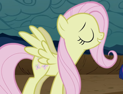 Size: 862x657 | Tagged: safe, screencap, fluttershy, pegasus, pony, g4, season 2, the return of harmony, cropped, discorded, eyes closed, female, flutterbitch, fluttercruel, mare, offscreen character, smug, solo, spread wings, wings