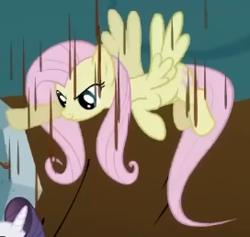 Size: 272x258 | Tagged: safe, screencap, fluttershy, pegasus, pony, g4, season 2, the return of harmony, chocolate, chocolate rain, cropped, discorded, female, flutterbitch, fluttercruel, flying, food, looking at someone, looking down, mare, offscreen character, pure unfiltered evil, rain, touching