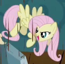 Size: 225x223 | Tagged: safe, screencap, fluttershy, pegasus, pony, g4, season 2, the return of harmony, chocolate, chocolate rain, cropped, discorded, female, flutterbitch, fluttercruel, flying, food, laughing, looking at someone, looking down, mare, offscreen character, open mouth, open smile, pure unfiltered evil, rain, smiling