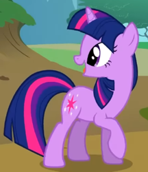 Size: 305x353 | Tagged: safe, screencap, twilight sparkle, pony, unicorn, g4, season 2, the return of harmony, cropped, cute, female, looking at someone, looking back, mare, open mouth, open smile, raised hoof, smiling, solo, standing, turned head, twiabetes, unicorn twilight