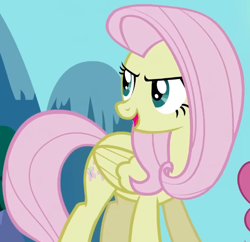 Size: 614x594 | Tagged: safe, screencap, fluttershy, pegasus, pony, g4, season 2, the return of harmony, cropped, discorded, female, flutterbitch, fluttercruel, folded wings, looking back, mare, offscreen character, open mouth, open smile, smiling, solo, turned head, wings