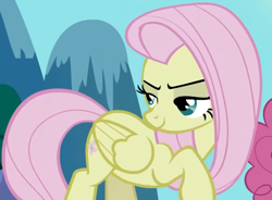 Size: 668x491 | Tagged: safe, screencap, fluttershy, pegasus, pony, g4, season 2, the return of harmony, bedroom eyes, cropped, discorded, female, flutterbitch, fluttercruel, folded wings, lidded eyes, looking back, mare, offscreen character, raised hoof, smiling, solo, sultry, turned head, wings