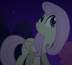 Size: 712x650 | Tagged: safe, screencap, fluttershy, pegasus, pony, g4, season 2, the return of harmony, cropped, discorded, female, flutterbitch, fluttercruel, folded wings, looking up, mare, night, shocked, solo, surprised, wings