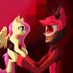 Size: 2048x2048 | Tagged: safe, artist:ritork, fluttershy, deer, demon, pegasus, pony, undead, wendigo, g4, alastor, crossover, deer demon, duo, duo male and female, female, gradient background, hazbin hotel, hellaverse, holding a pony, male, mare, overlord demon, sinner demon, that's entertainment