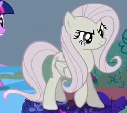 Size: 432x384 | Tagged: safe, screencap, fluttershy, pegasus, pony, g4, season 2, the return of harmony, cropped, discorded, female, flutterbitch, fluttercruel, folded wings, mare, offscreen character, pure unfiltered evil, solo focus, stomping, wings