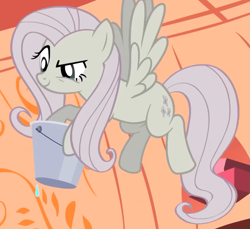 Size: 713x653 | Tagged: safe, screencap, fluttershy, pegasus, pony, g4, season 2, the return of harmony, bucket, cropped, discorded, eyebrows, female, flutterbitch, fluttercruel, flying, golden oaks library, hoof hold, mare, raised eyebrow, solo