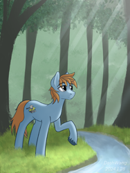 Size: 1668x2224 | Tagged: safe, artist:dash wang, oc, oc only, earth pony, crepuscular rays, forest, male, nature, river, solo, tree, water