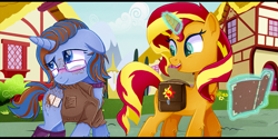 Size: 1339x668 | Tagged: safe, artist:terrafan4242, sunset shimmer, oc, pony, unicorn, g4, aura, bag, book, female, ponyville, saddle bag