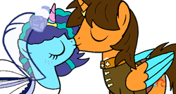 Size: 600x322 | Tagged: safe, artist:noi kincade, misty brightdawn, oc, oc:ej, alicorn, pony, unicorn, g4, g5, bride, canon x oc, clothes, dress, female, g5 to g4, generation leap, groom, kissing, male, marriage, shipping, simple background, solo, straight, suit, transparent background, wedding, wedding dress