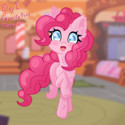 Size: 2500x2500 | Tagged: safe, artist:bubblegooey, pinkie pie, earth pony, pony, g4, :d, art challenge, blurry background, blushing, cute, diapinkes, ear fluff, female, fluffy, front view, happy, heart, heart eyes, high res, hoof fluff, leg fluff, looking at you, mare, neck fluff, open mouth, open smile, pink coat, pink mane, pink tail, raised hoof, raised leg, smiling, smiling at you, solo, standing on two hooves, sugarcube corner, tail, walking, walking towards you, wingding eyes
