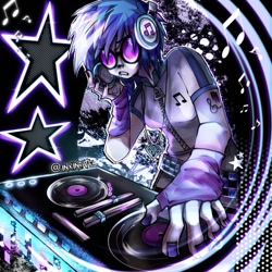 Size: 1280x1280 | Tagged: safe, artist:inxinfate, dj pon-3, vinyl scratch, human, g4, equalizer, female, glasses, headphones, humanized, jewelry, music notes, necklace, nose piercing, painted nails, piercing, record, record player, septum piercing, signature, solo, stars, tattoo, turntable