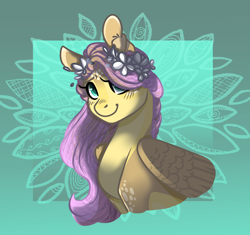 Size: 1700x1600 | Tagged: safe, artist:voncikama, fluttershy, pegasus, pony, g4, bust, cute, female, flower, flower in hair, gradient background, looking at you, mare, shyabetes, smiling, smiling at you, solo