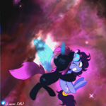 Size: 3000x3000 | Tagged: safe, artist:juniverse, oc, oc only, oc:juniverse, oc:osiris eclipse, alicorn, earth pony, pony, commission, duo, eyes closed, glowing, glowing horn, horn, hug, magic, messier 42, nebula, smiling, space, space pony, spread wings, stars, surprise hug, universe, wings