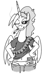 Size: 425x701 | Tagged: safe, artist:jargon scott, oc, oc only, oc:dyx, alicorn, semi-anthro, bandolier, belly button, black and white, black sclera, cigarette, cigarette pack, clothes, female, grayscale, hoof on hip, looking at you, mare, monochrome, older, older dyx, panties, pants, simple background, smiling, smiling at you, smoking, solo, sweatpants, underwear, white background